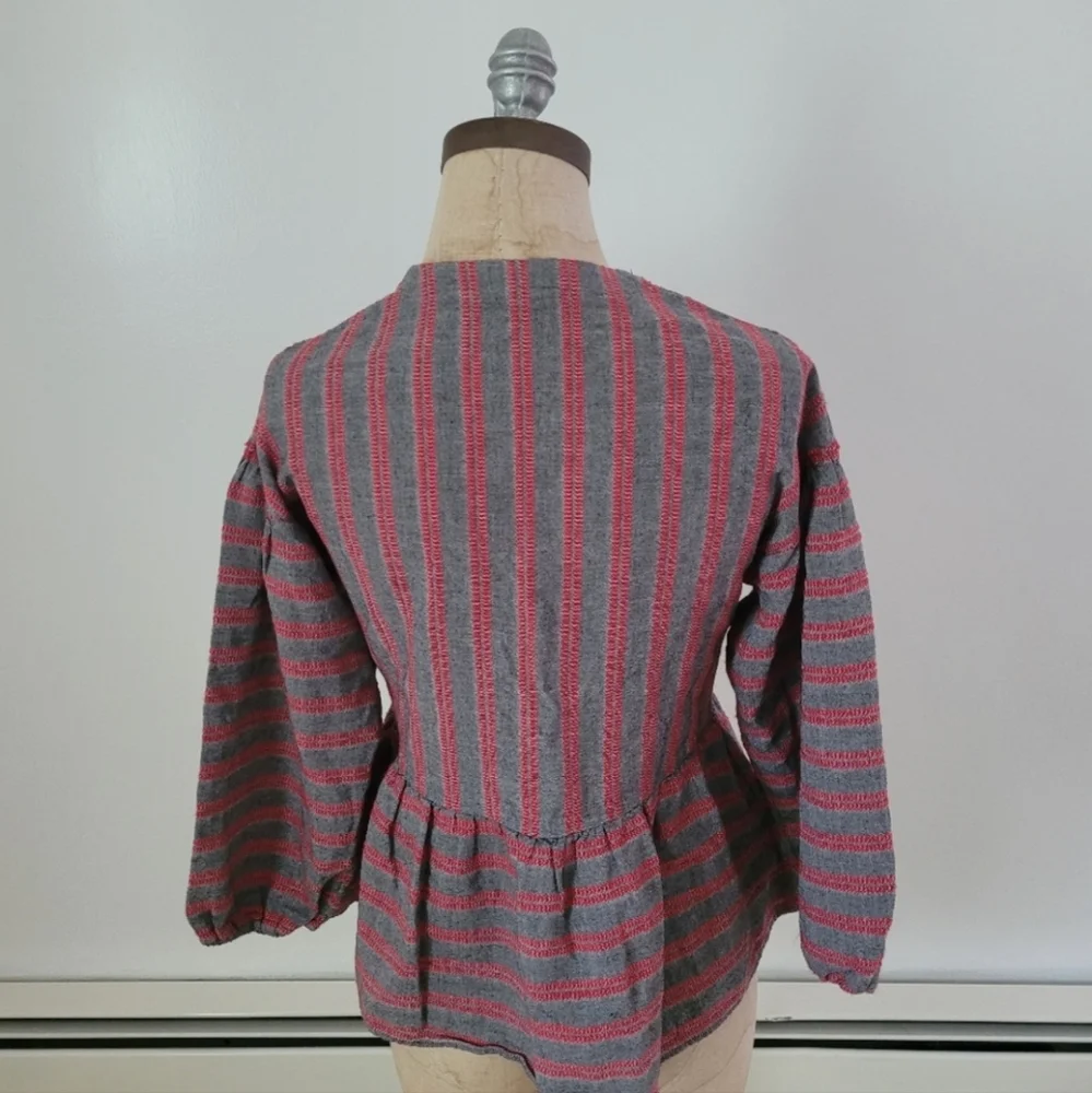 Madewell Balloon Puff Sleeve Peplum Blouse Gray Red Stripe XS